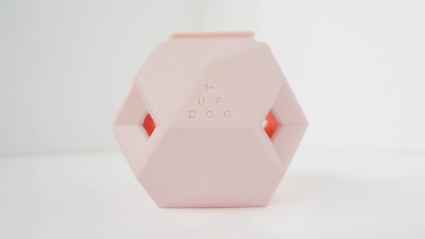 Pink hexagonal dog toy with 'UP DOG' branding on a white background