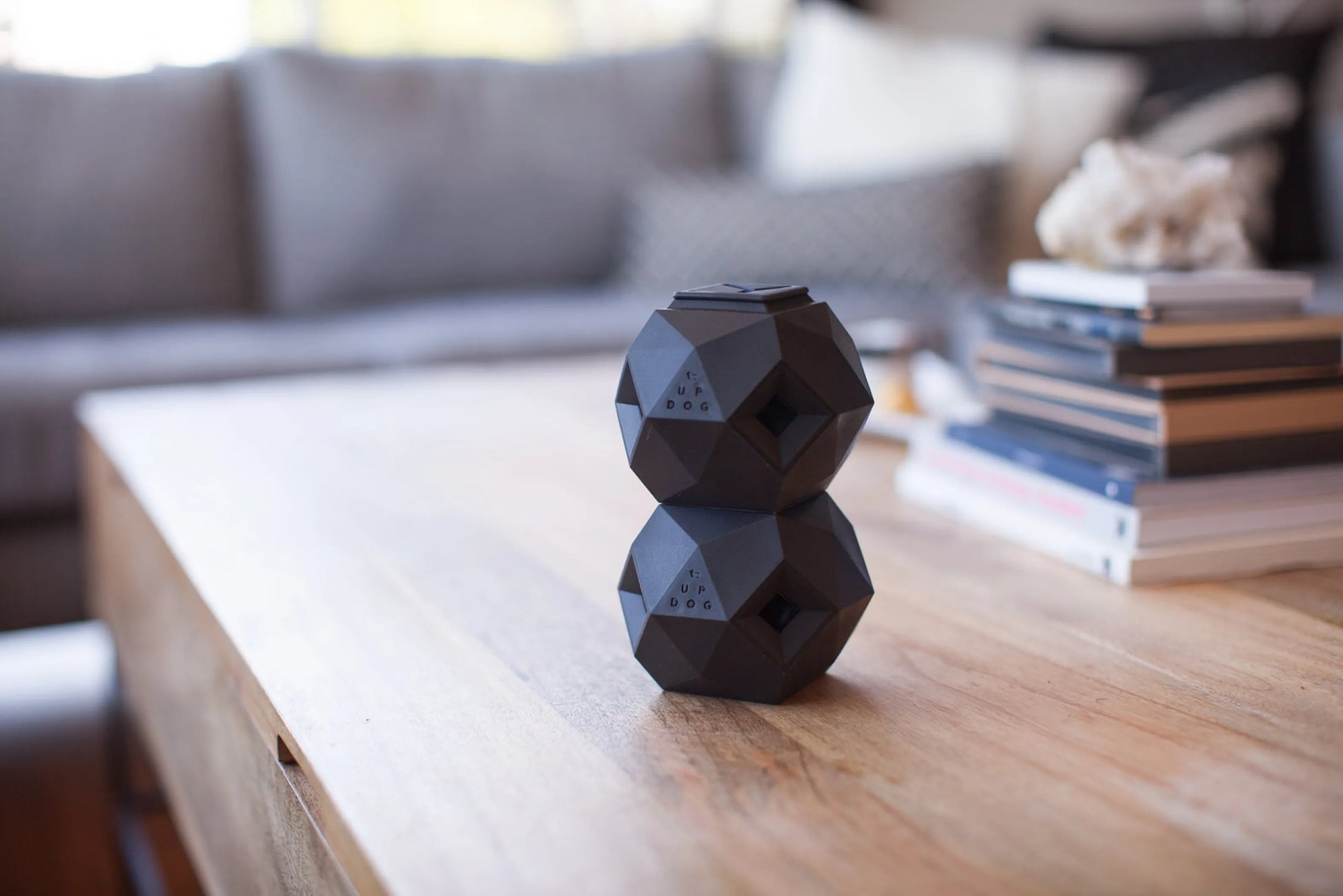Geometric black vase on a wooden coffee table with a blurred background