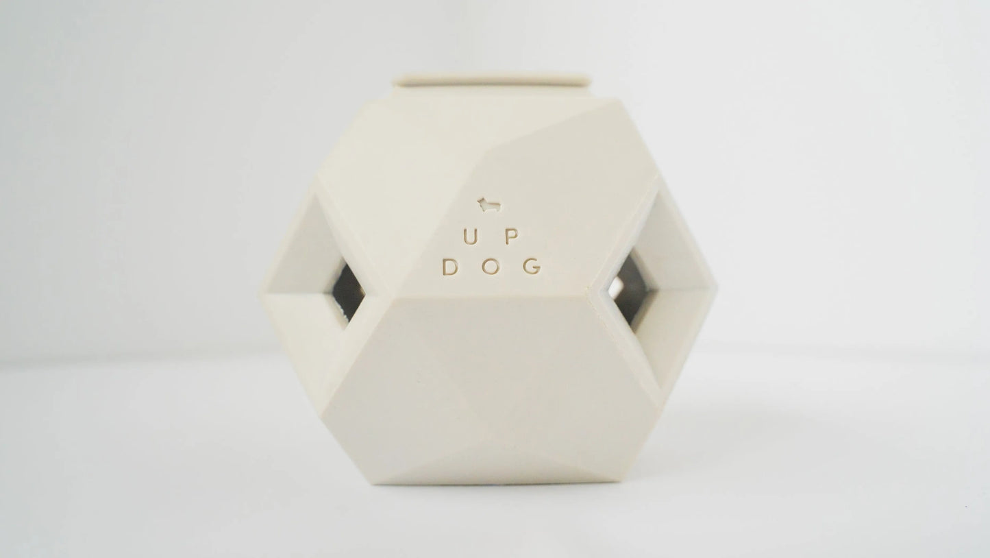 Hexagonal ceramic dog bowl with 'UP DOG' text on a white background
