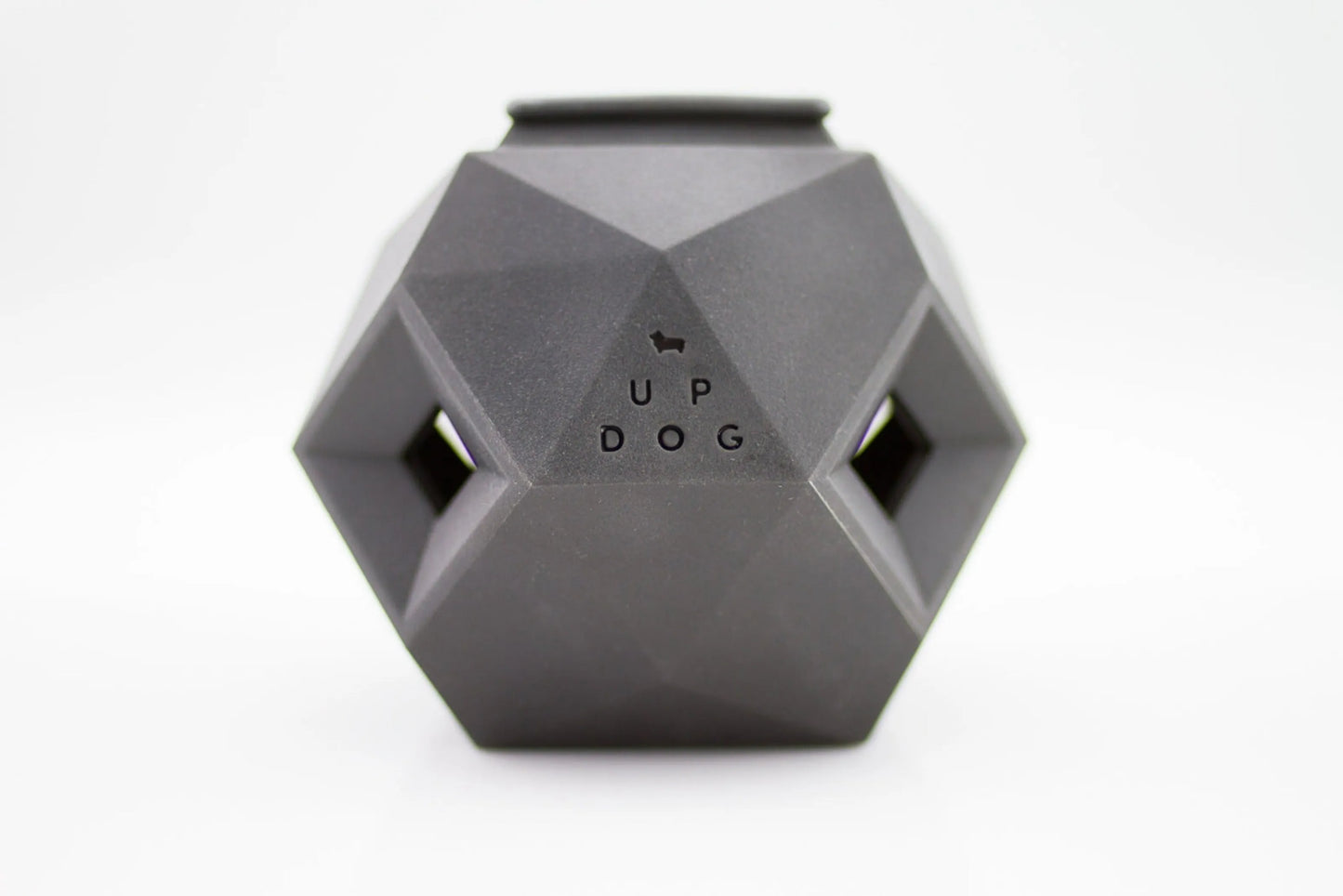 Geometric gray dog toy with 'UP DOG' branding on a white background