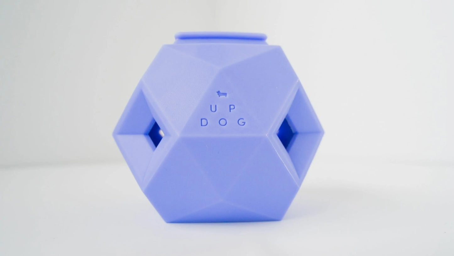 Hexagonal blue dog toy with 'UP DOG' branding on a white background