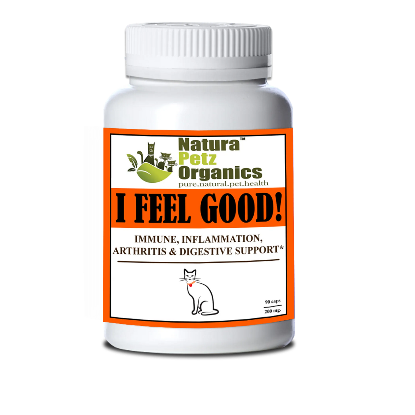 Natura Petz Organics supplement bottle labeled 'I Feel Good!' on a white background