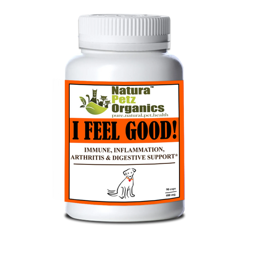 Natura Petz Organics supplement bottle labeled 'I Feel Good!' on a white background