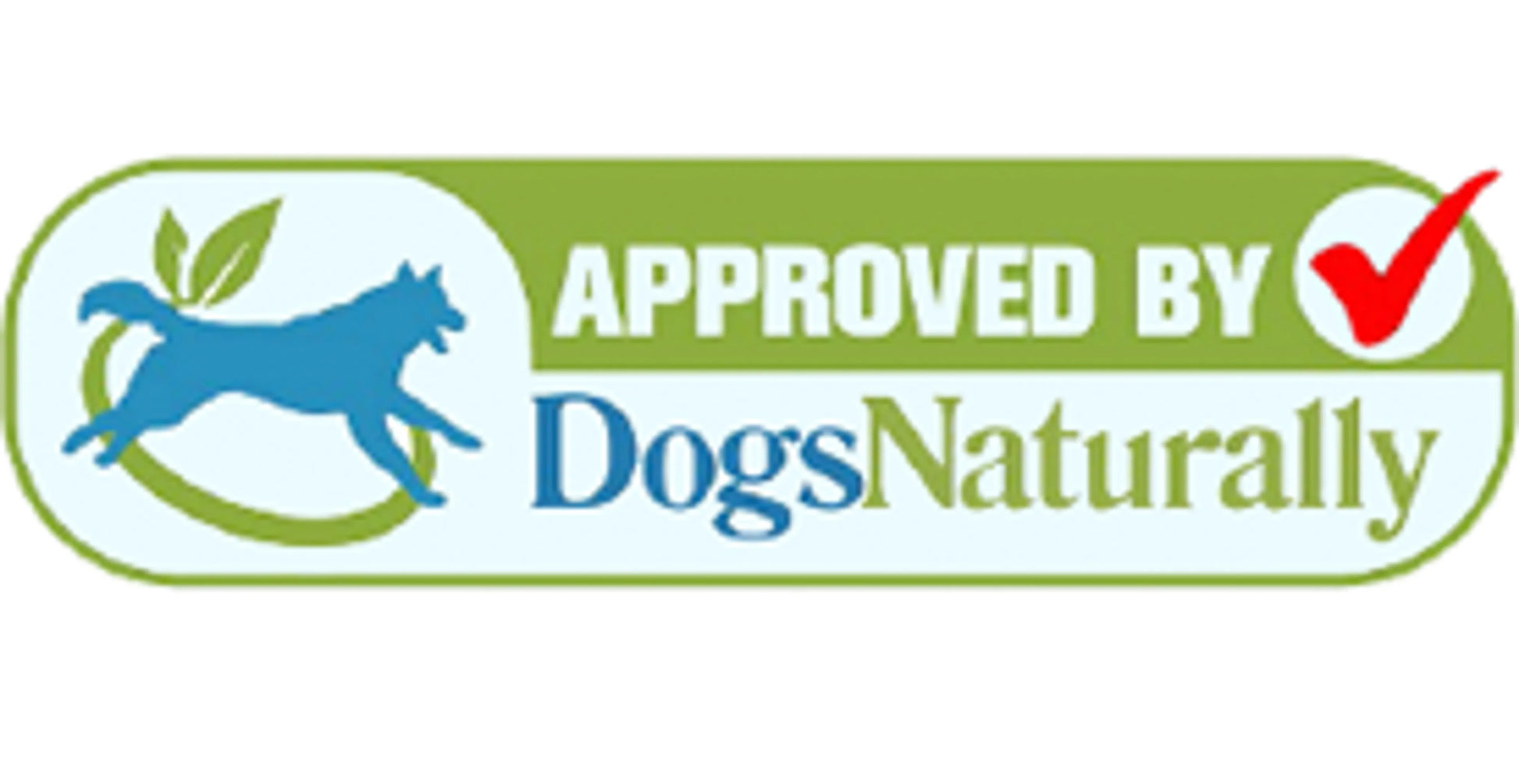 Logo with a blue dog silhouette, green leaves, and a red check mark on a white background, indicating approval by 'Dogs Naturally'.