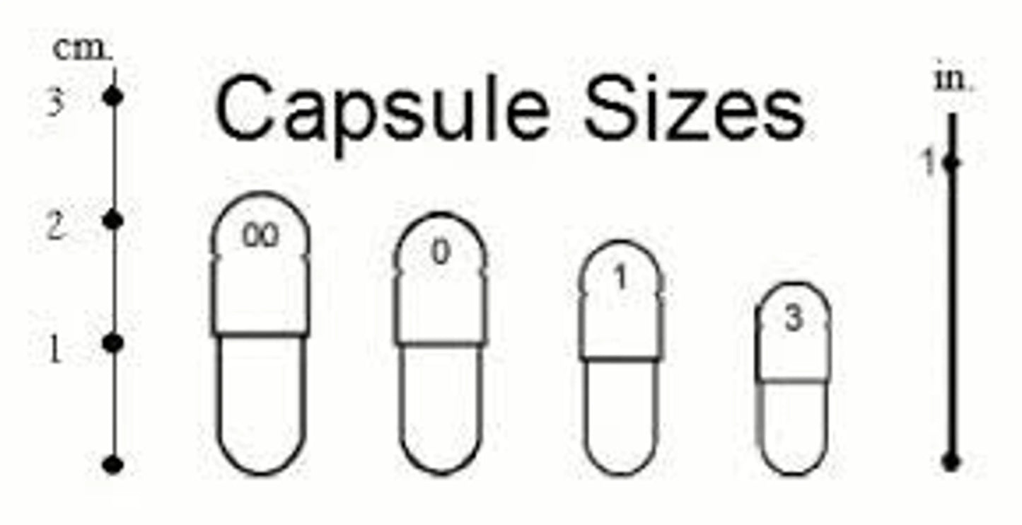 Diagram showing different sizes of capsules with measurements in centimeters and inches.
