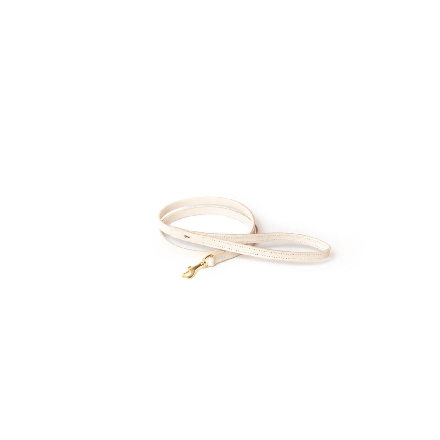 White dog leash with gold clip on a white background