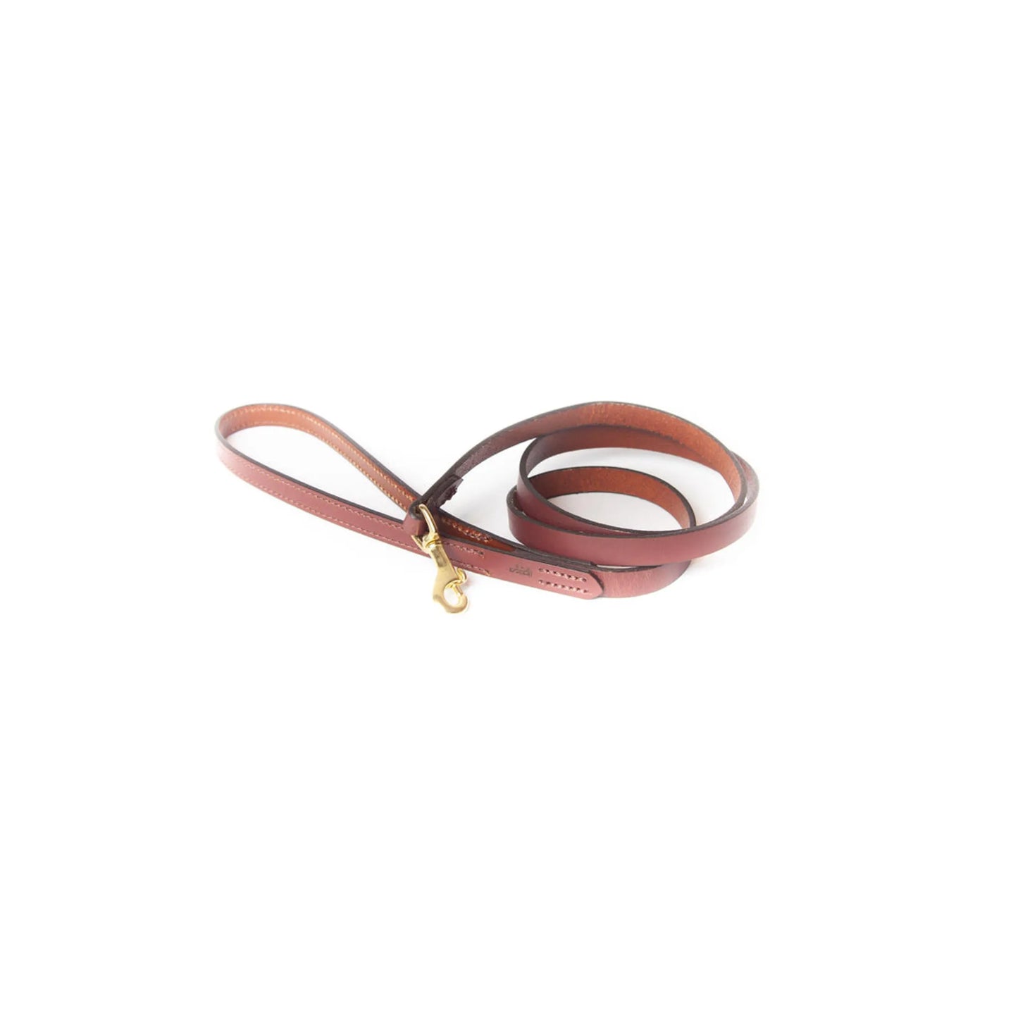 Brown leather dog leash with gold clip on a white background