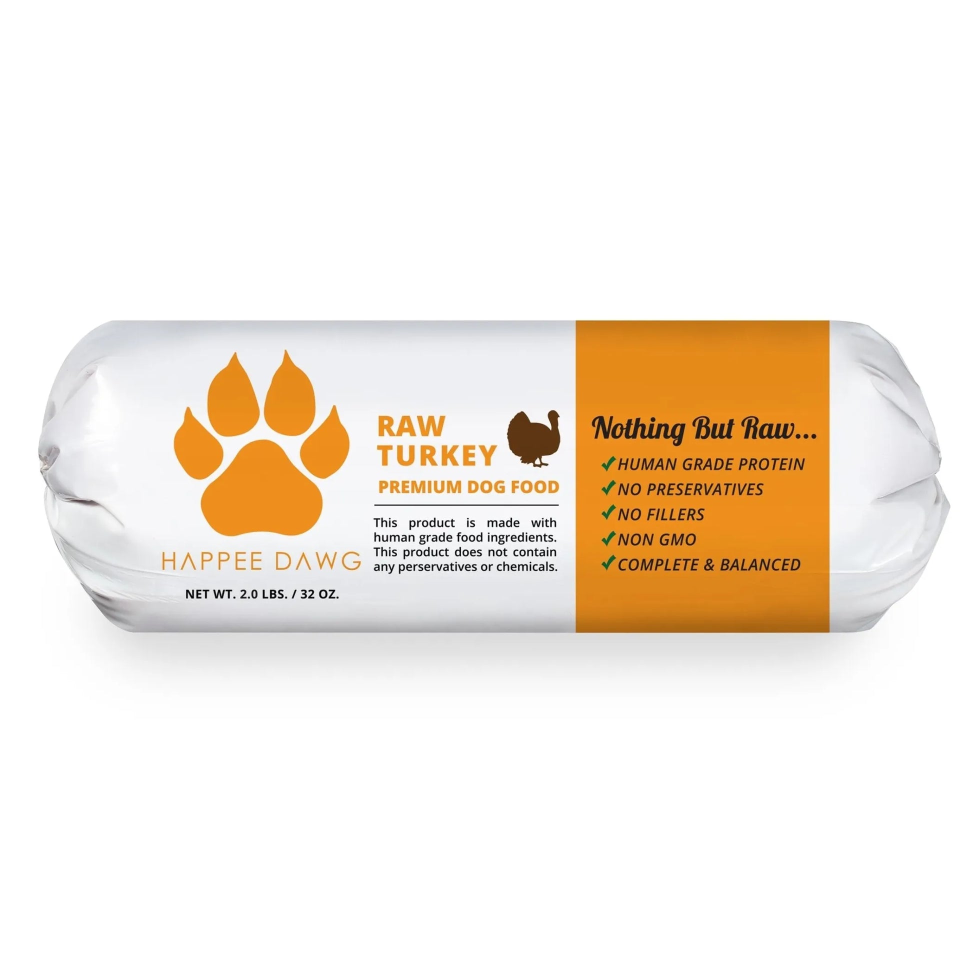 Raw turkey dog food roll with Harpee Dawg branding on a white background
