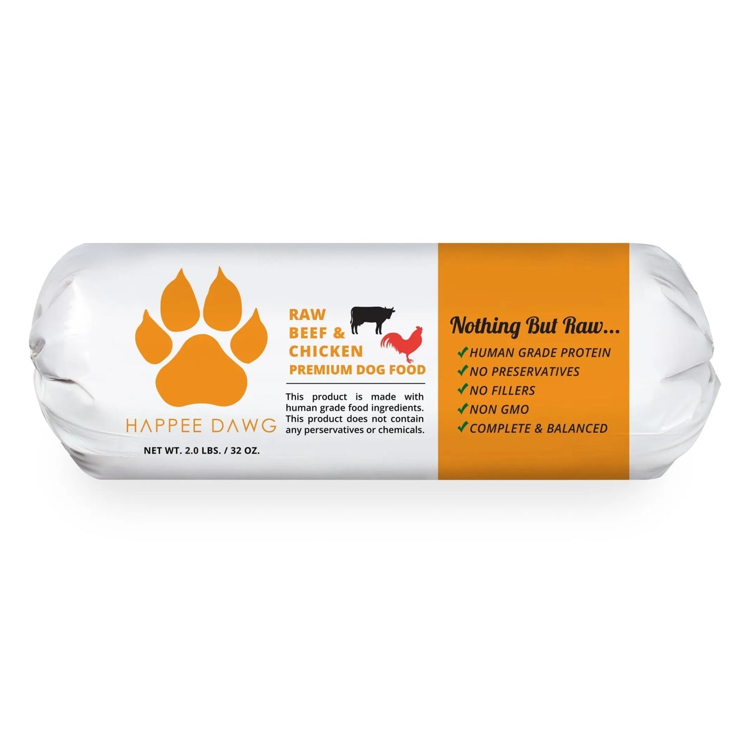 Happee Dawg raw beef and chicken premium dog food roll on a white background