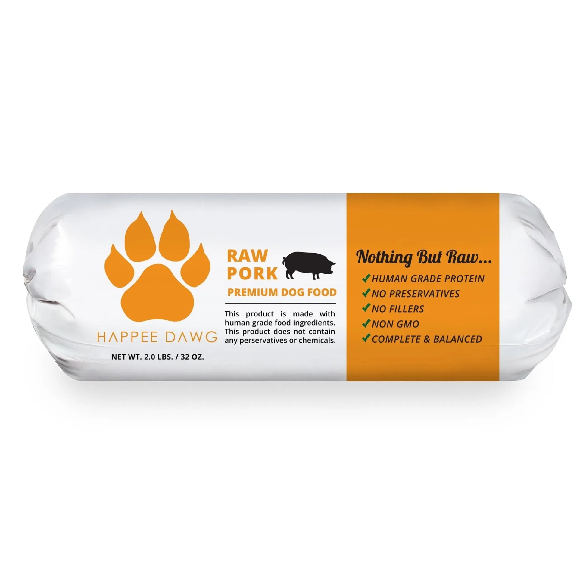 Roll of Happee Dawg raw pork premium dog food on a white background