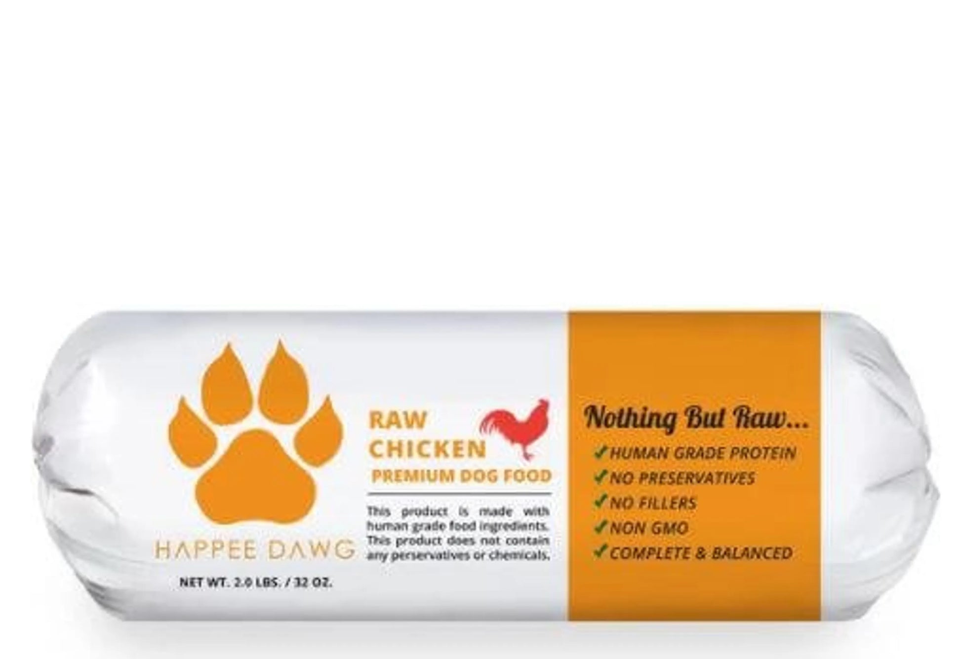 Roll of Happee Dawg raw chicken dog food on a white background