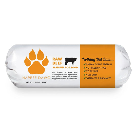 Raw beef premium dog food roll with Happee Dawg branding on a white background