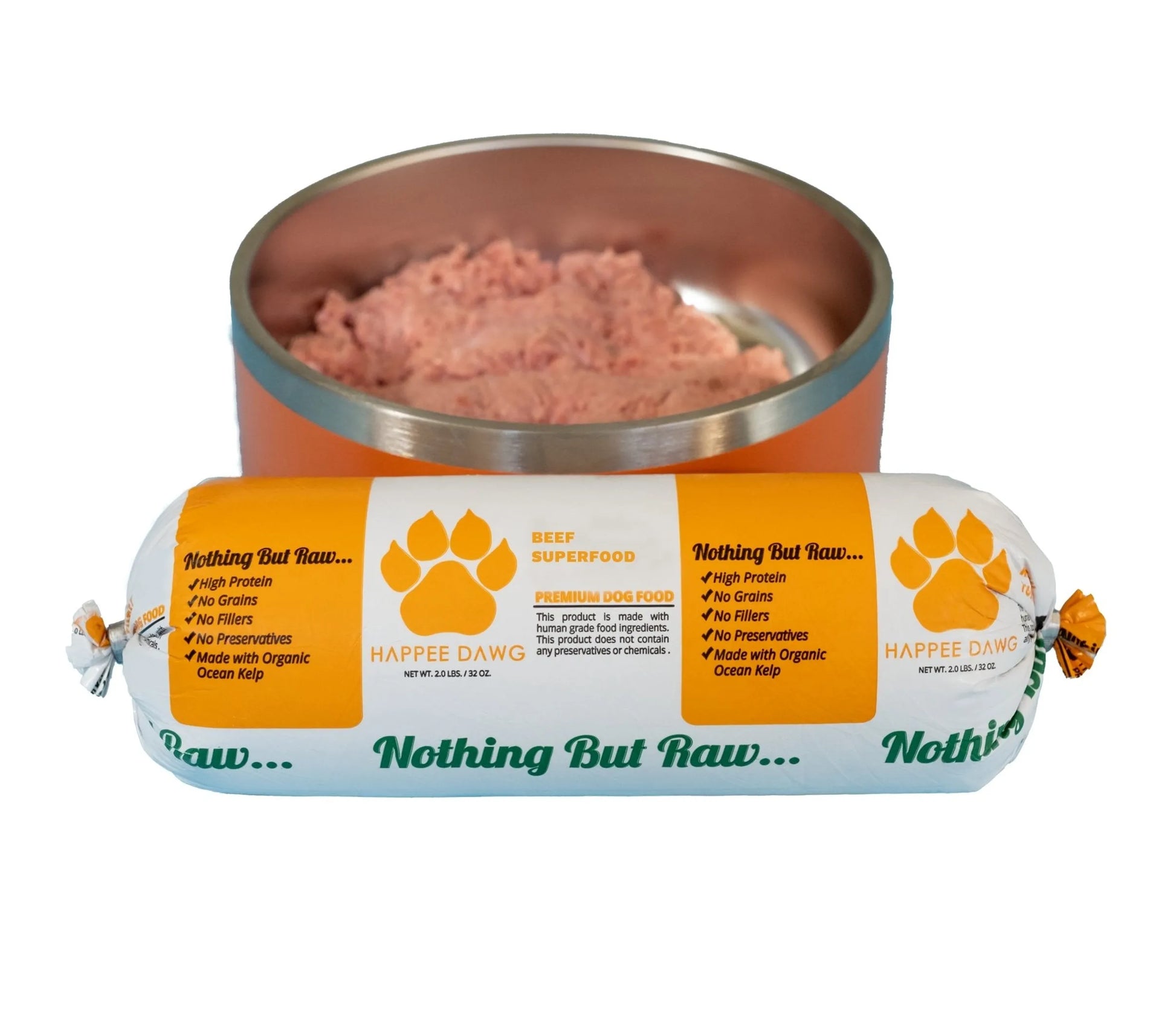 Happee Dawg pet food can and roll on a white background