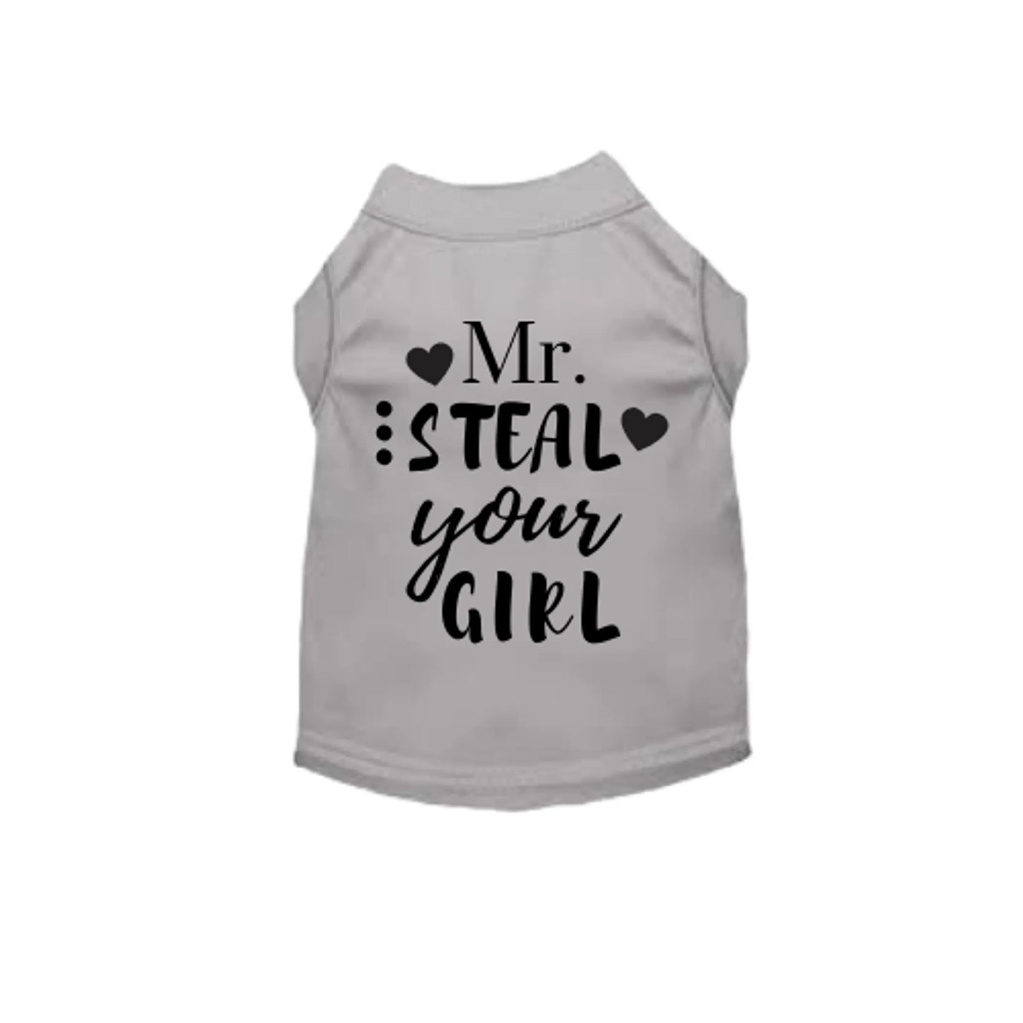 Gray pet shirt with text 'Mr. Steal Your Girl' on a white background
