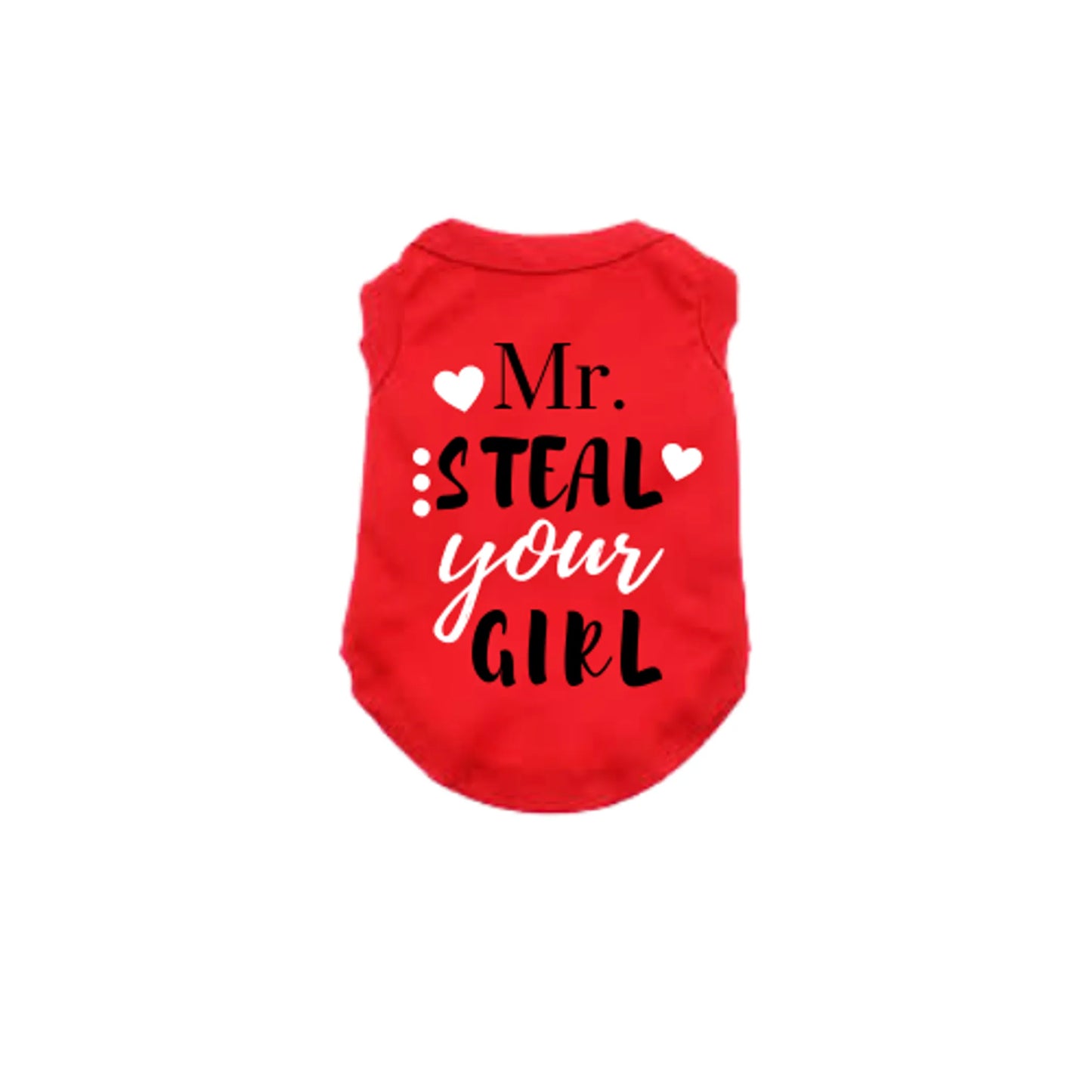 Red pet shirt with text 'Mr. Steal Your Girl' on a white background