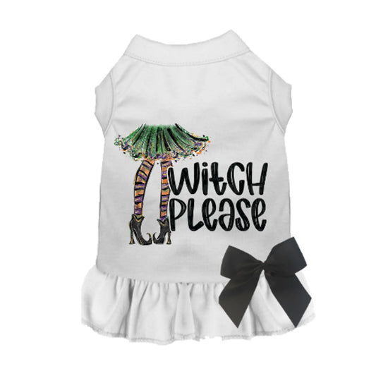 Dog dress with 'Witch Please' text and green skirt on a white background