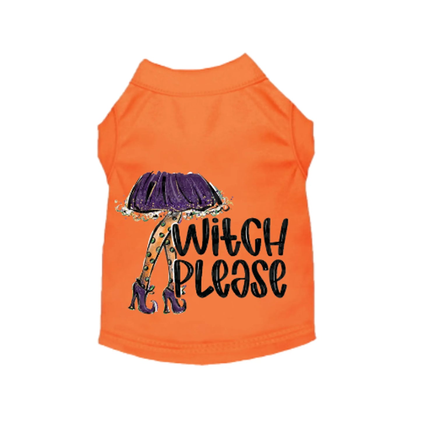 Orange pet shirt with 'Witch Please' text and witch legs design on a white background