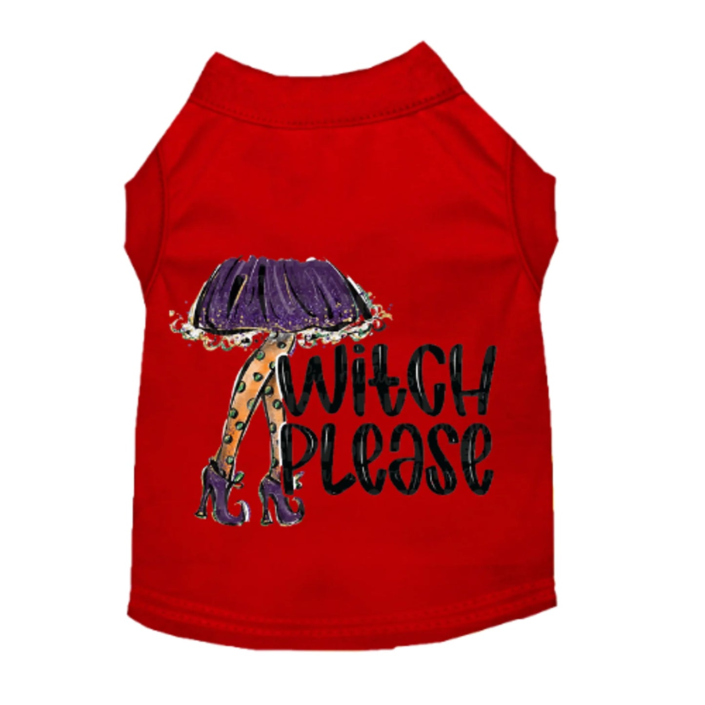 Red pet shirt with 'Witch Please' text and witch costume graphic on a white background