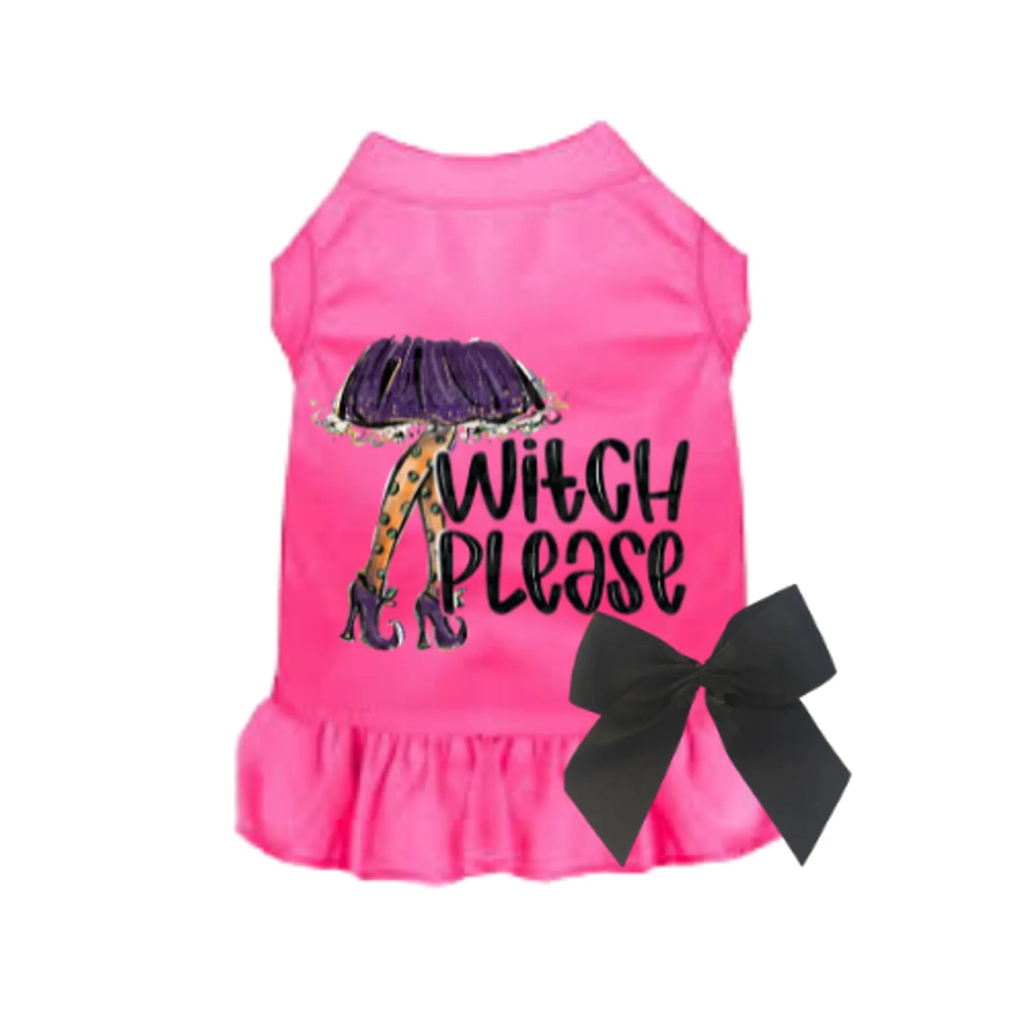 Pink dog dress with 'Witch Please' text and black bow on a white background