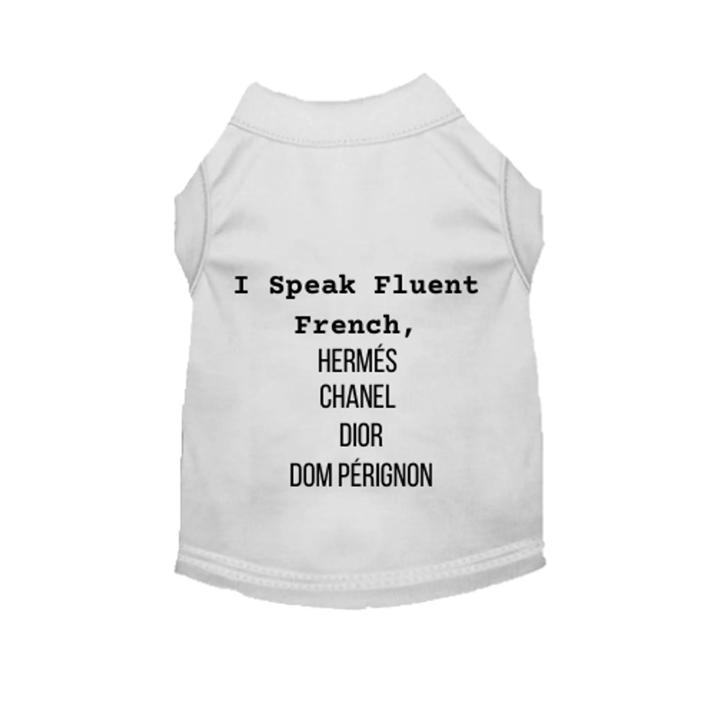 White pet shirt with black text on a white background