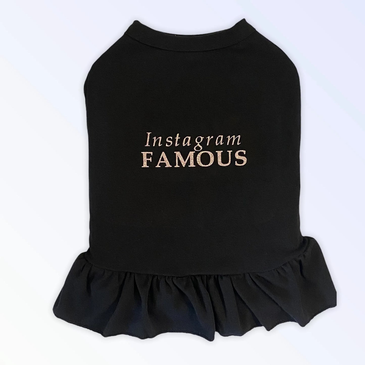 Black pet dress with 'Instagram Famous' text on a white background