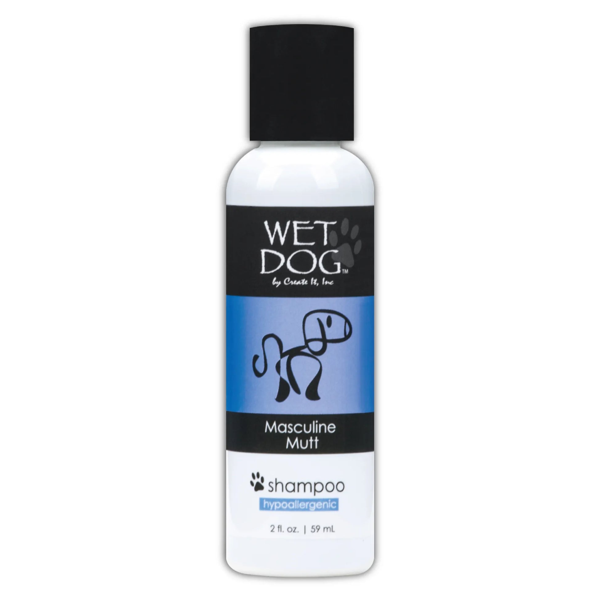 Bottle of Wet Dog Masculine Mutt shampoo on a white background