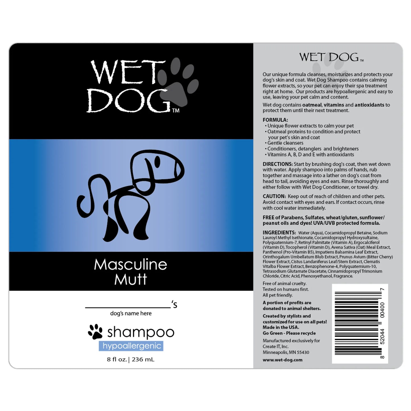 Wet Dog shampoo label for masculine muff with product details and branding.