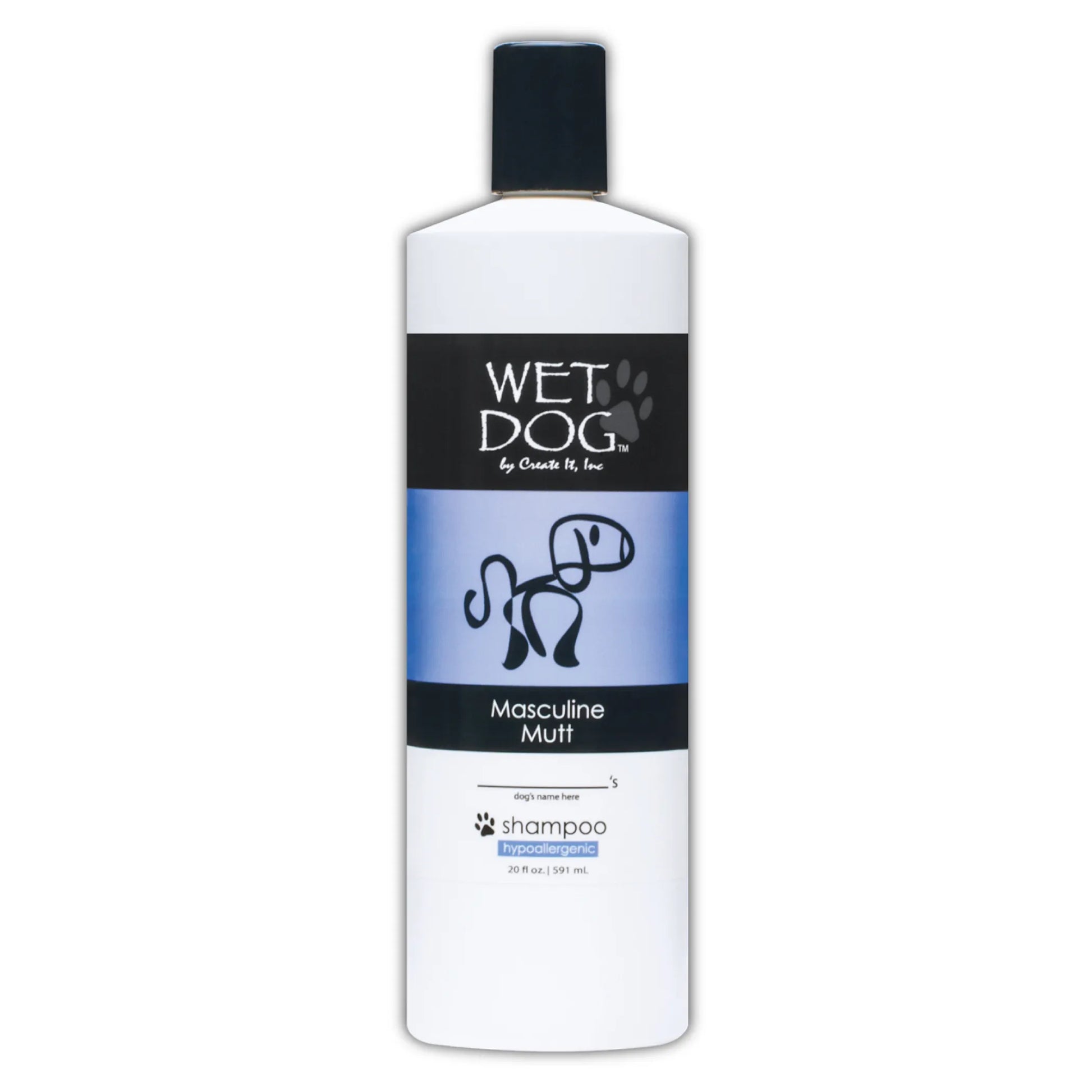 Bottle of Wet Dog shampoo with a black and white label on a white background