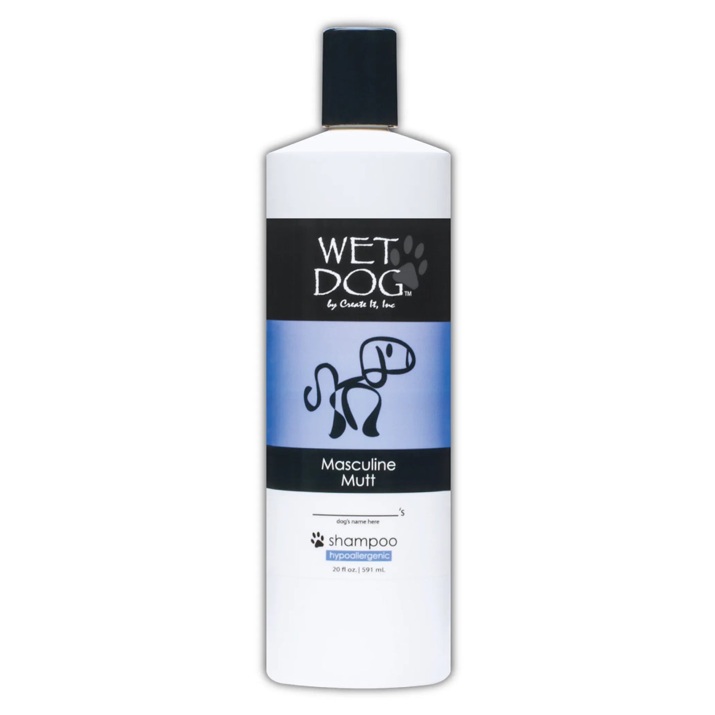 Bottle of Wet Dog shampoo with a black and white label on a white background