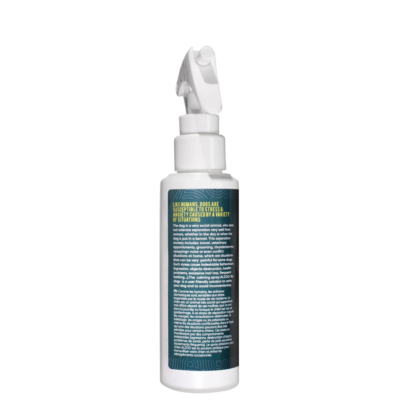 White spray bottle with a label on a white background