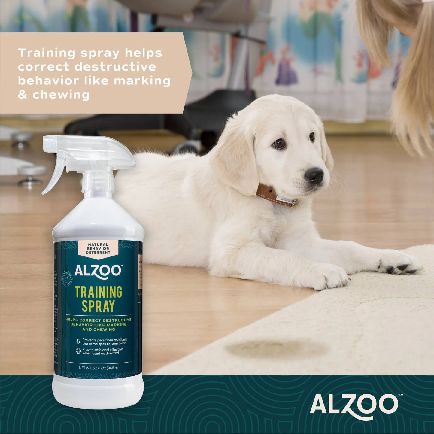 ALZOO training spray bottle with a puppy on a rug in an office setting