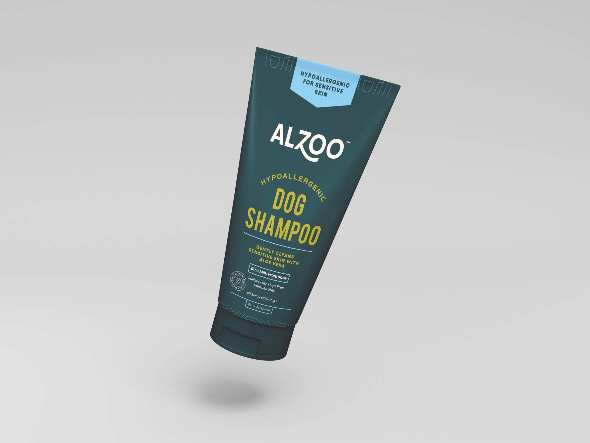 ALZOO dog shampoo bottle on a gray background