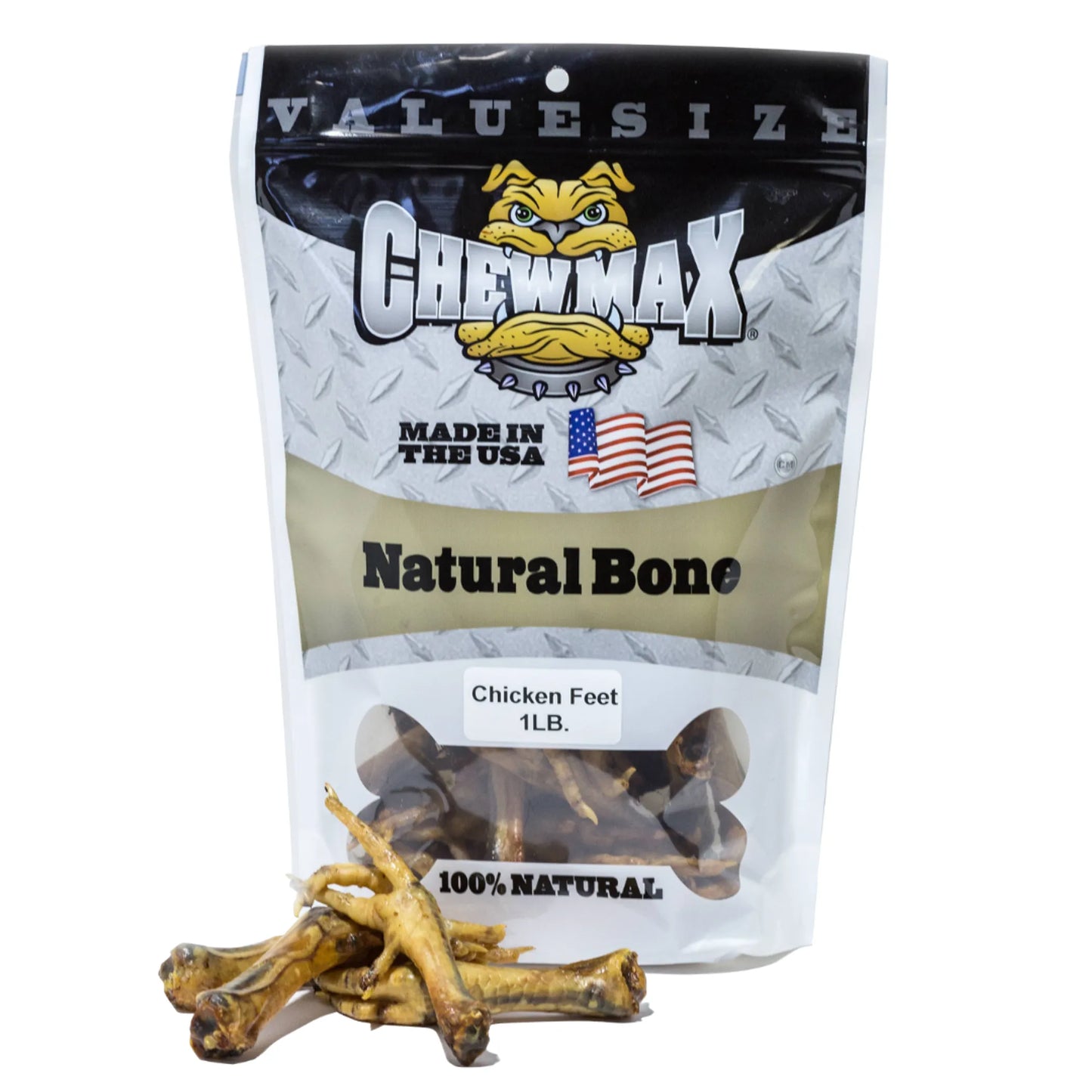 Bag of Chewmax Natural Bone dog treats with chicken feet on a white background