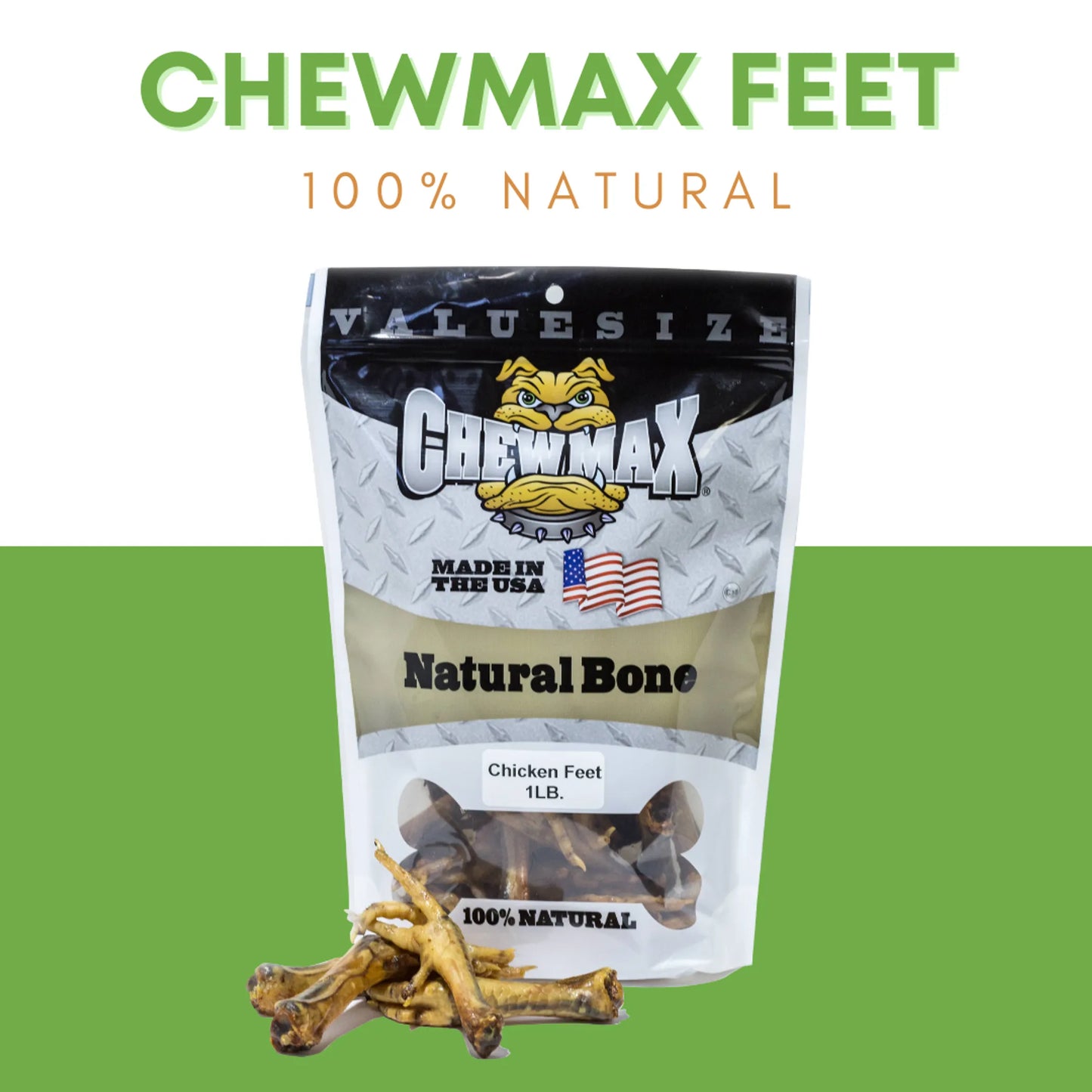 Bag of Chewmax Natural Bone dog treats with chicken feet on a white and green background