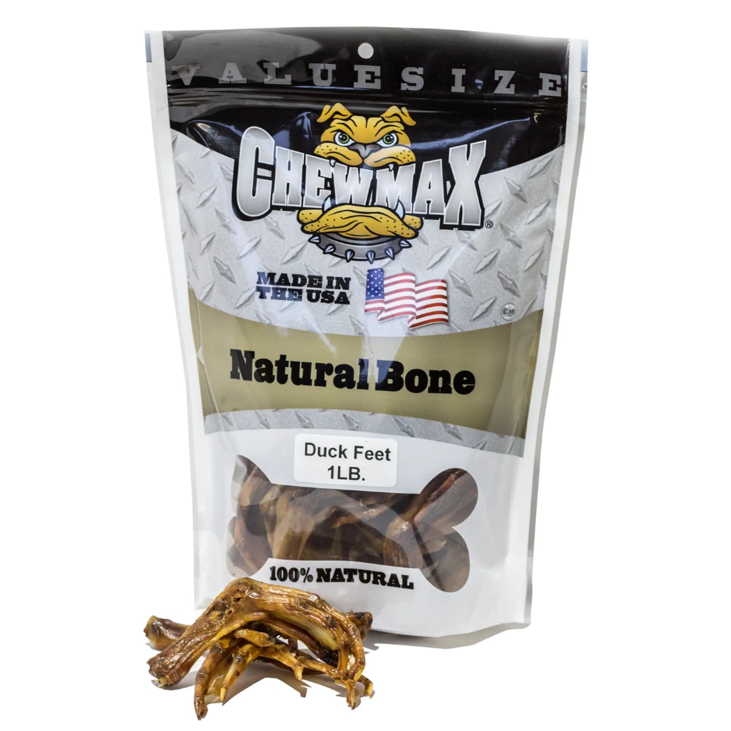 Package of Chewmax natural dog treat with duck feet on a white background