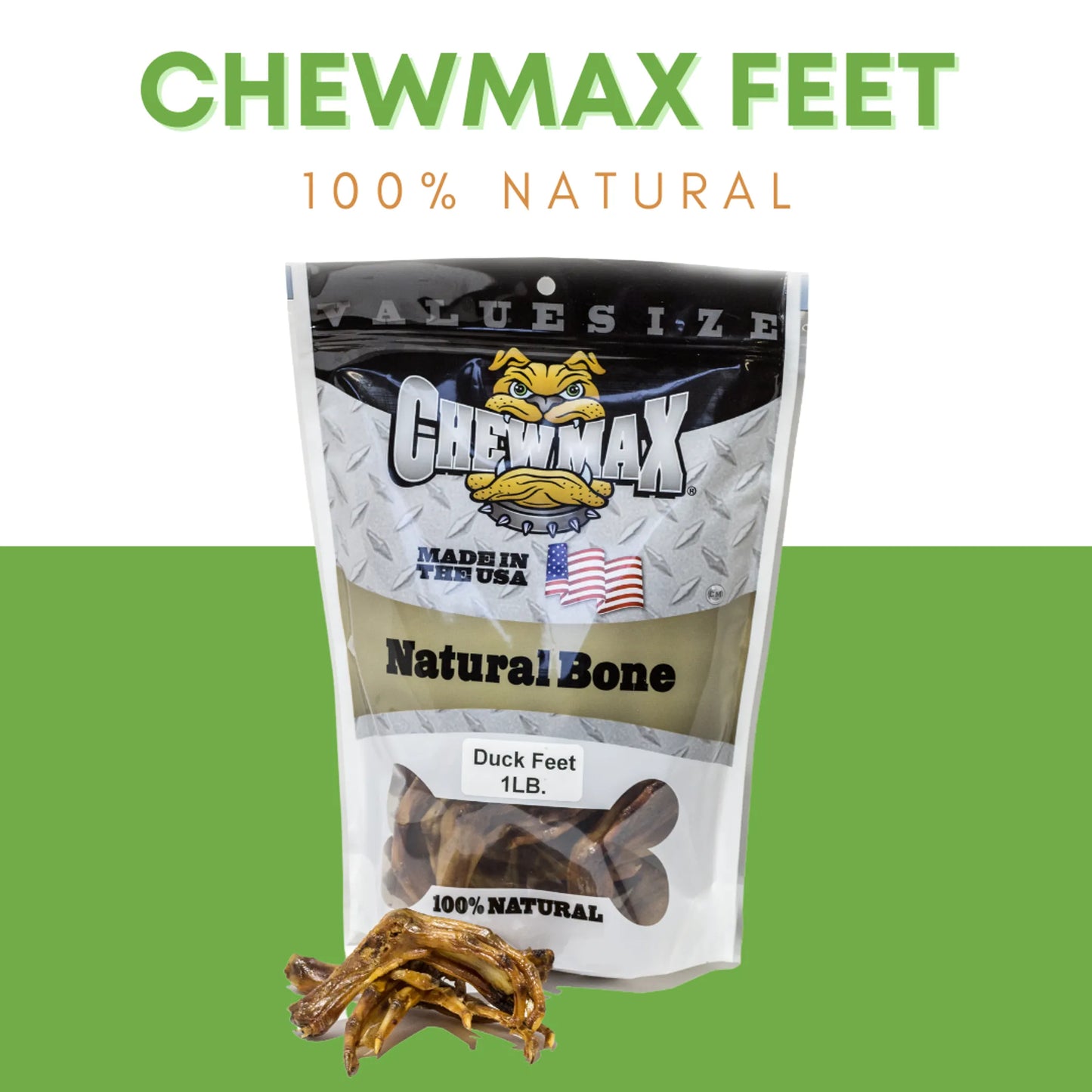 Package of Chewmax Feet natural dog treat with duck feet displayed on a green background