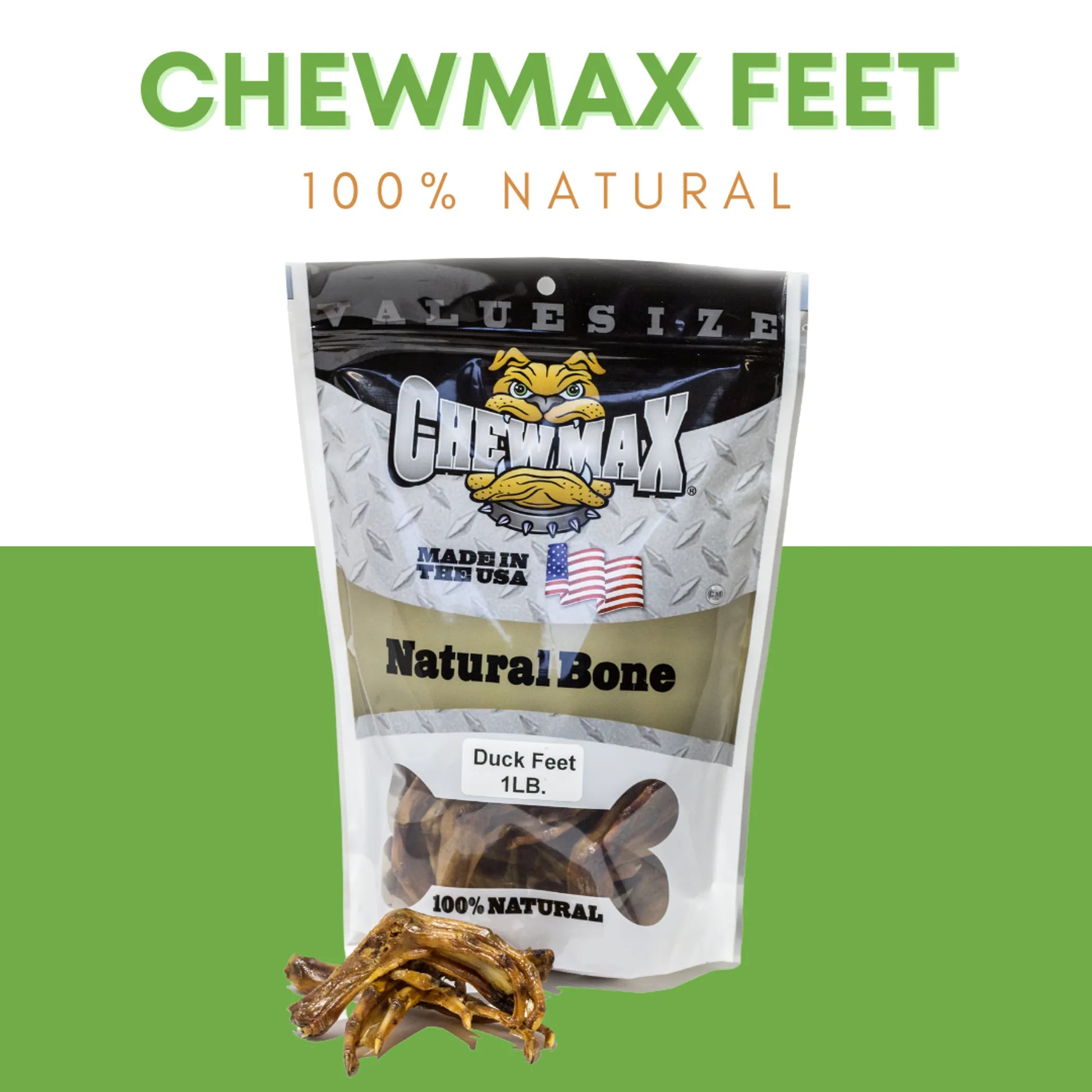 Package of Chewmax Feet natural dog treat with duck feet displayed on a green background