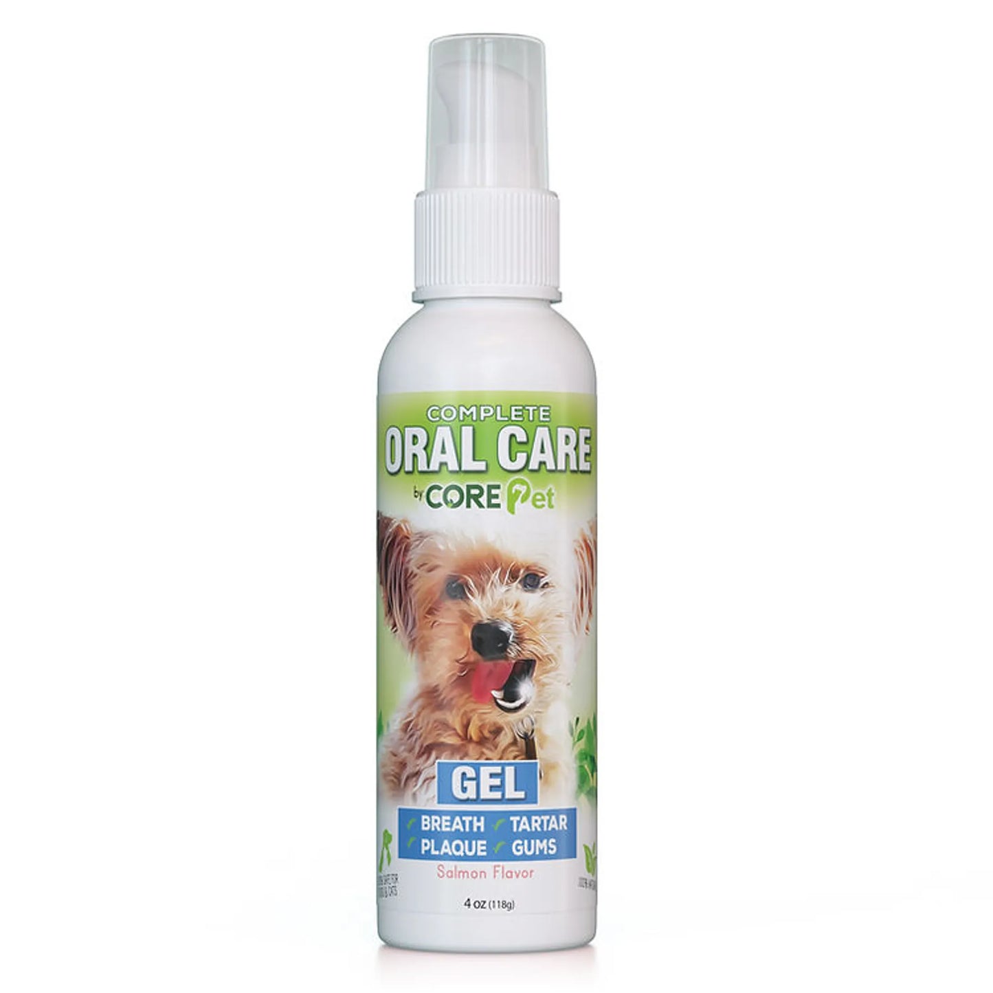Dog oral care gel bottle with a spray nozzle on a white background