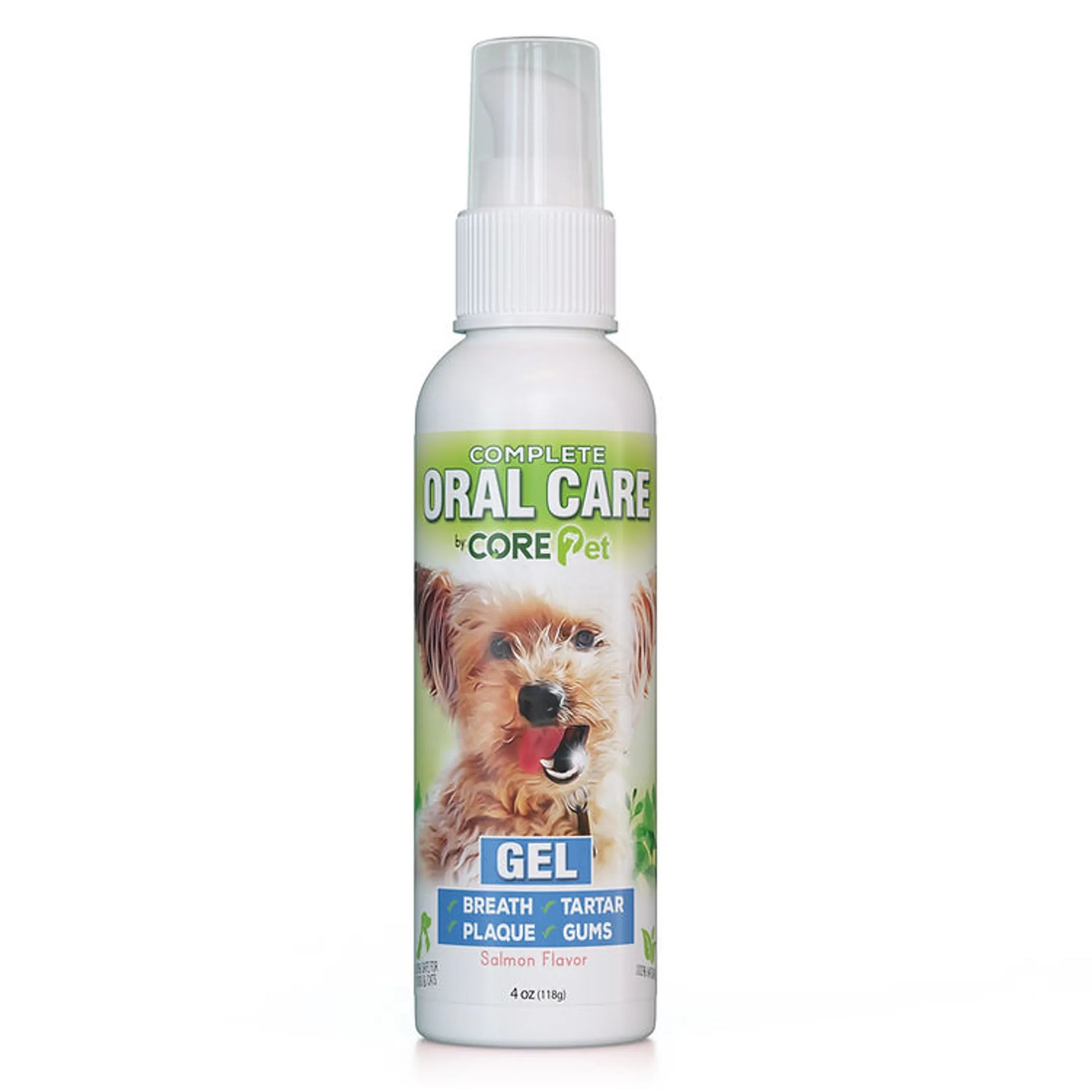 Dog oral care gel bottle with a spray nozzle on a white background