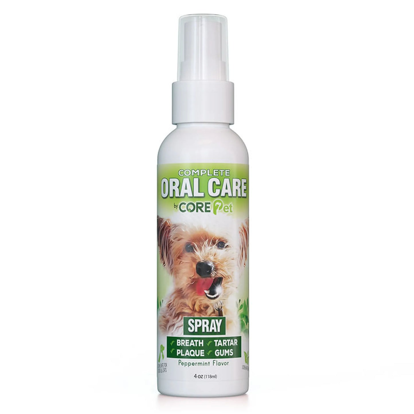 Dog oral care spray bottle with a dog on the label against a white background