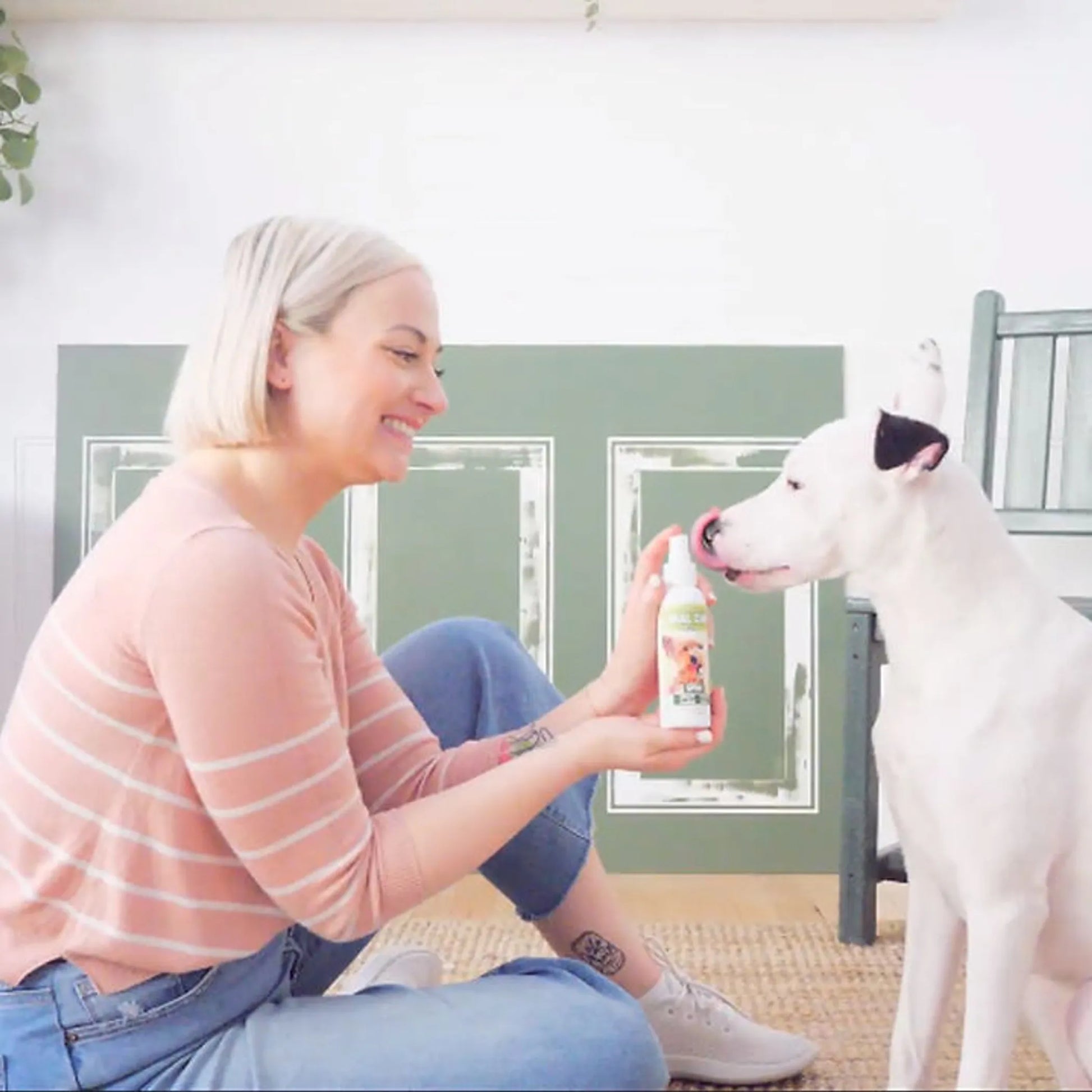 Dental are bottle and woman with dog