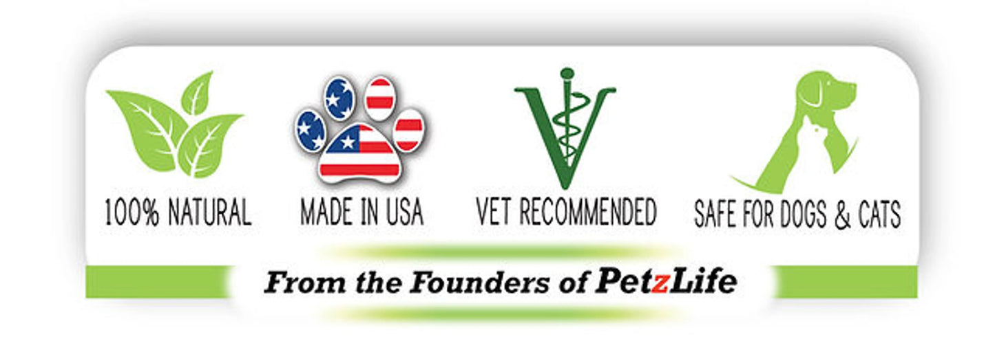 Logo with icons and text about pet safety and care, featuring the PetzLife brand.