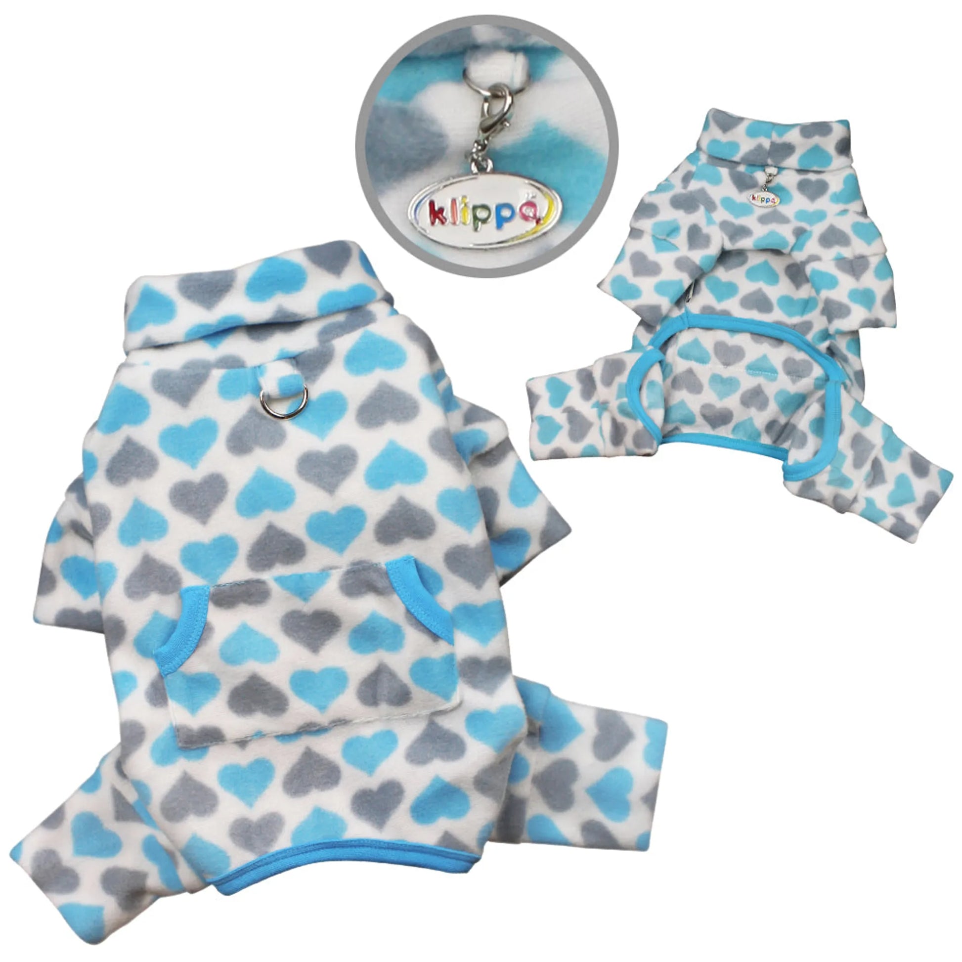 Pet clothing set with hearts pattern, including a coat and two pairs of pants, on a white background.
