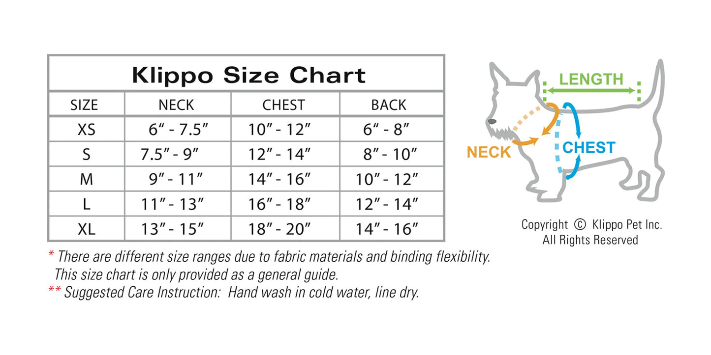 Klippo size chart for dog products with measurements and a diagram of a dog.