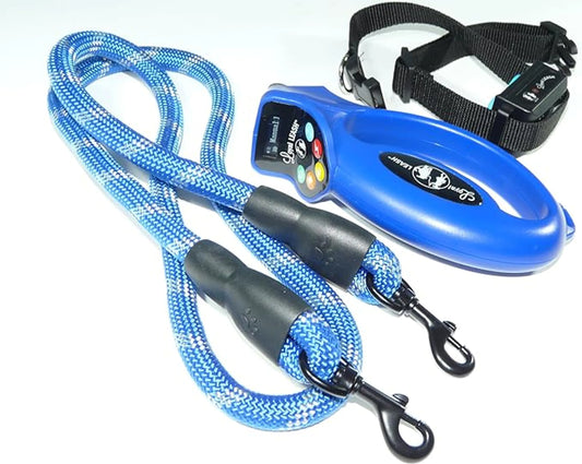 Dog training collar with blue leash and remote on a white background