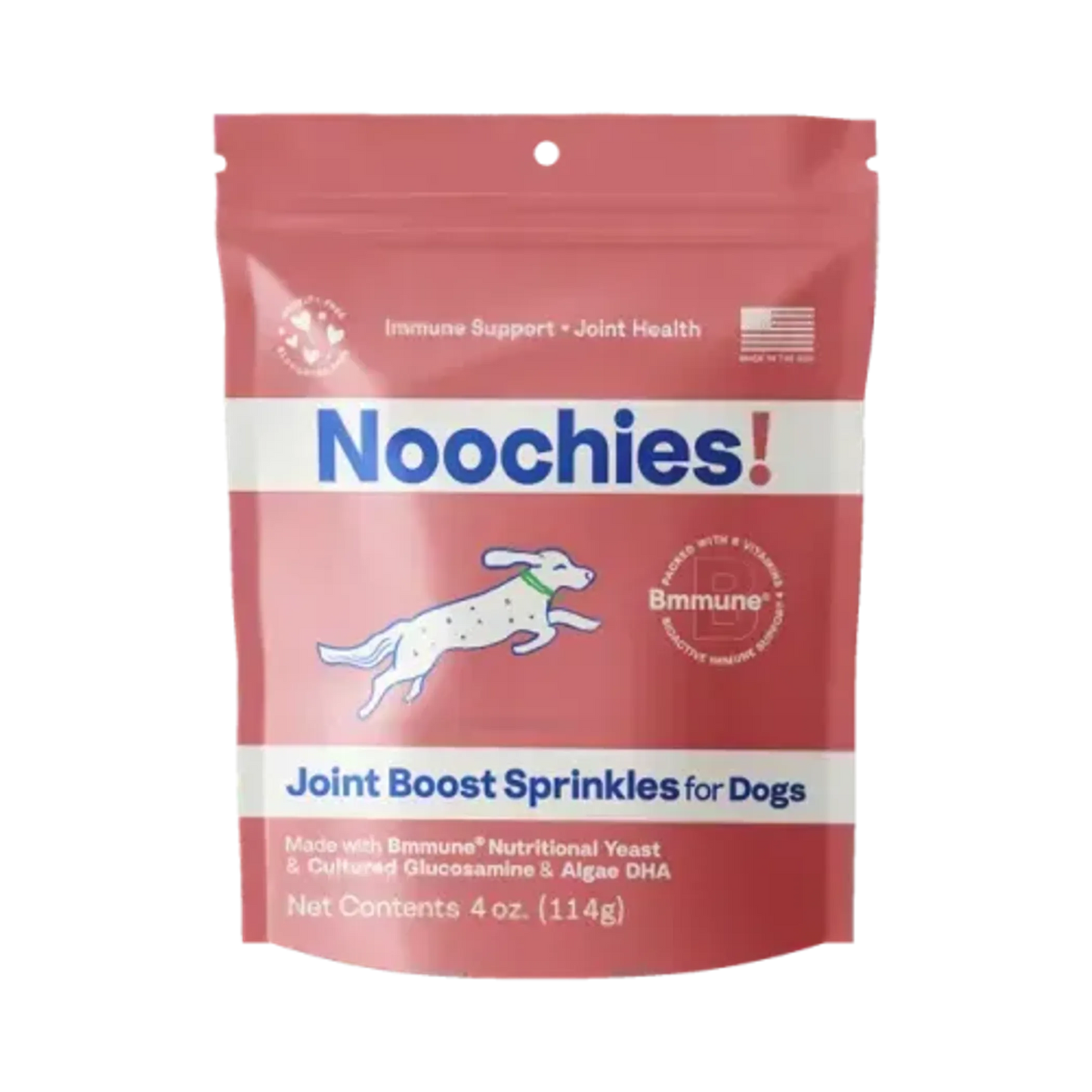 Red package of Noochies Joint Boost Sprinkles for Dogs on a white background