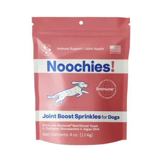 Red package of Noochies Joint Boost Sprinkles for Dogs on a white background