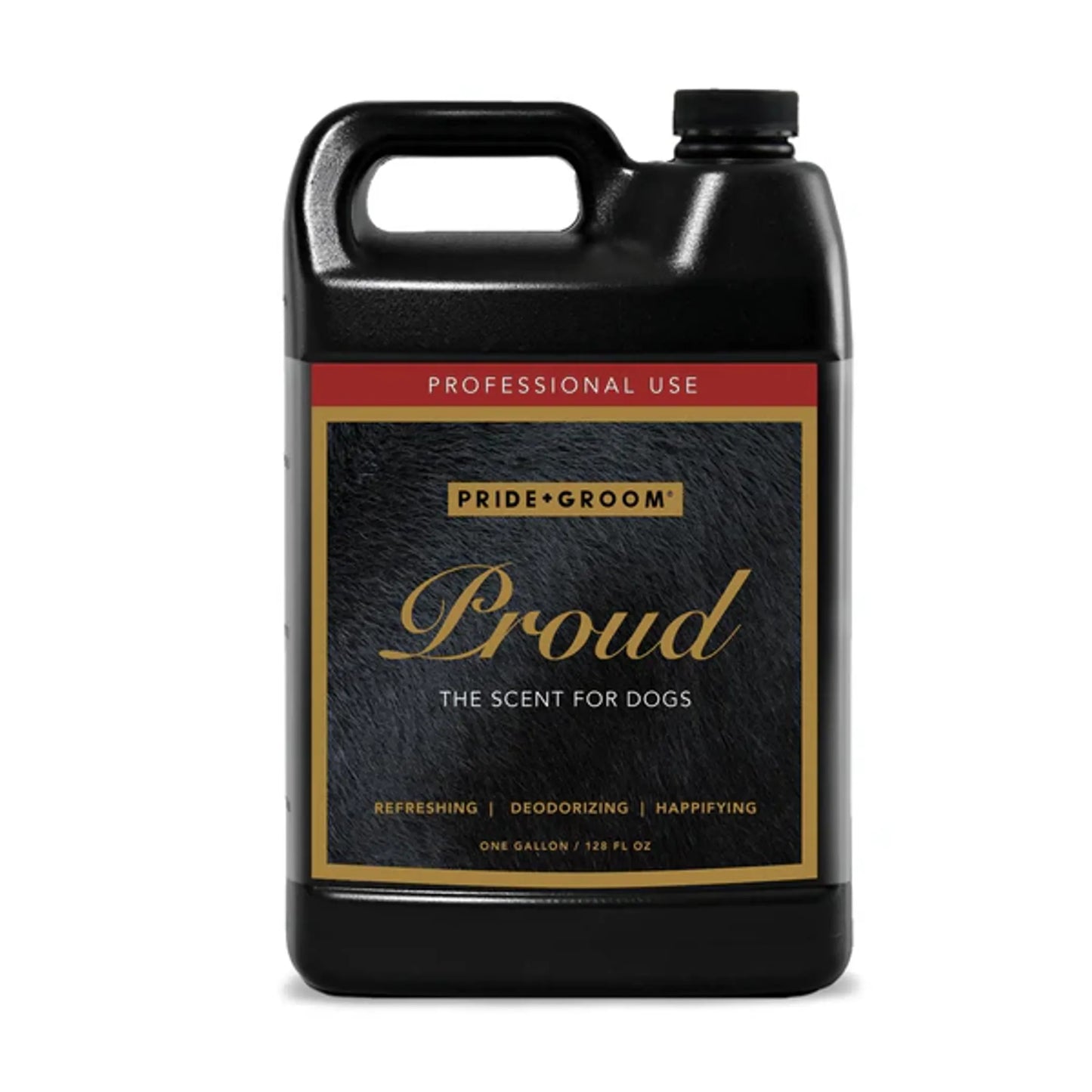 Black bottle of 'Proud' dog grooming product with gold and red text on a white background