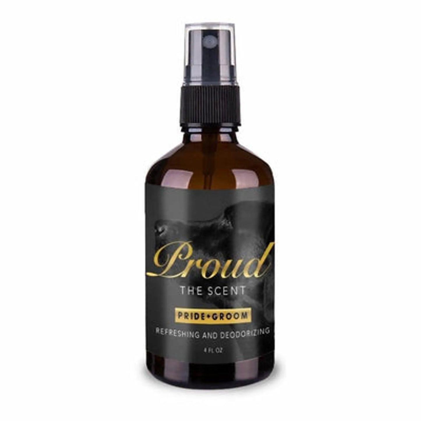 Brown spray bottle labeled 'Proud The Scent' on a white background