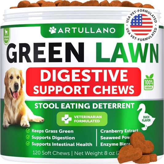 Artullano Green Lawn Digestive Support Chews for dogs with a container and treats on a white background.